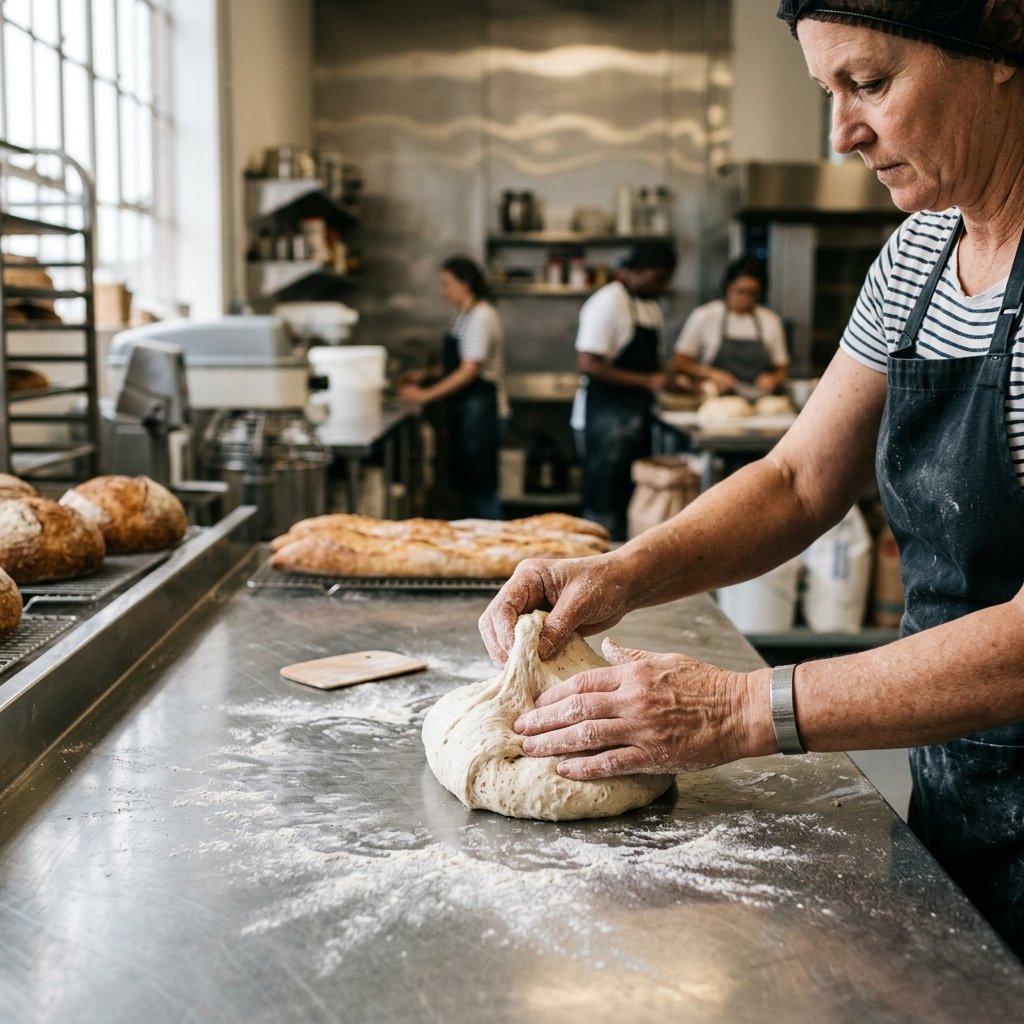 A professional photograph capturing a baker's hands dusted with flour shaping dough.
