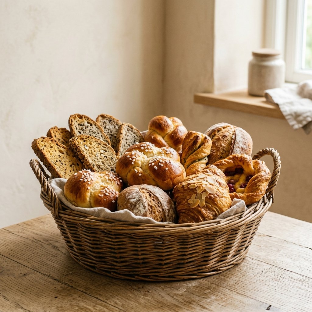Freshly baked artisanal breads, buns, and rusks beautifully arranged.