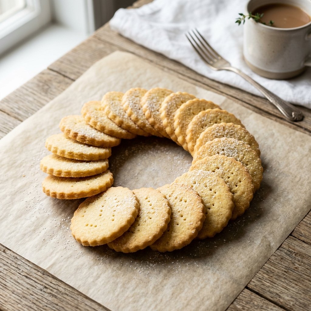 Delicate shortbread cookies fanned out on parchment paper.