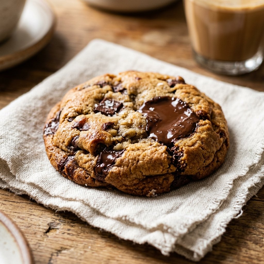 Single premium chocolate chunk cookie on a napkin.