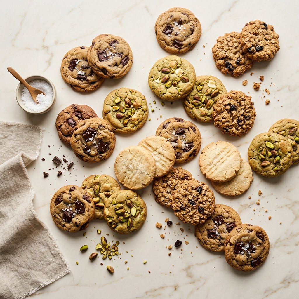 Assorted gourmet cookies scattered artistically on a clean surface.