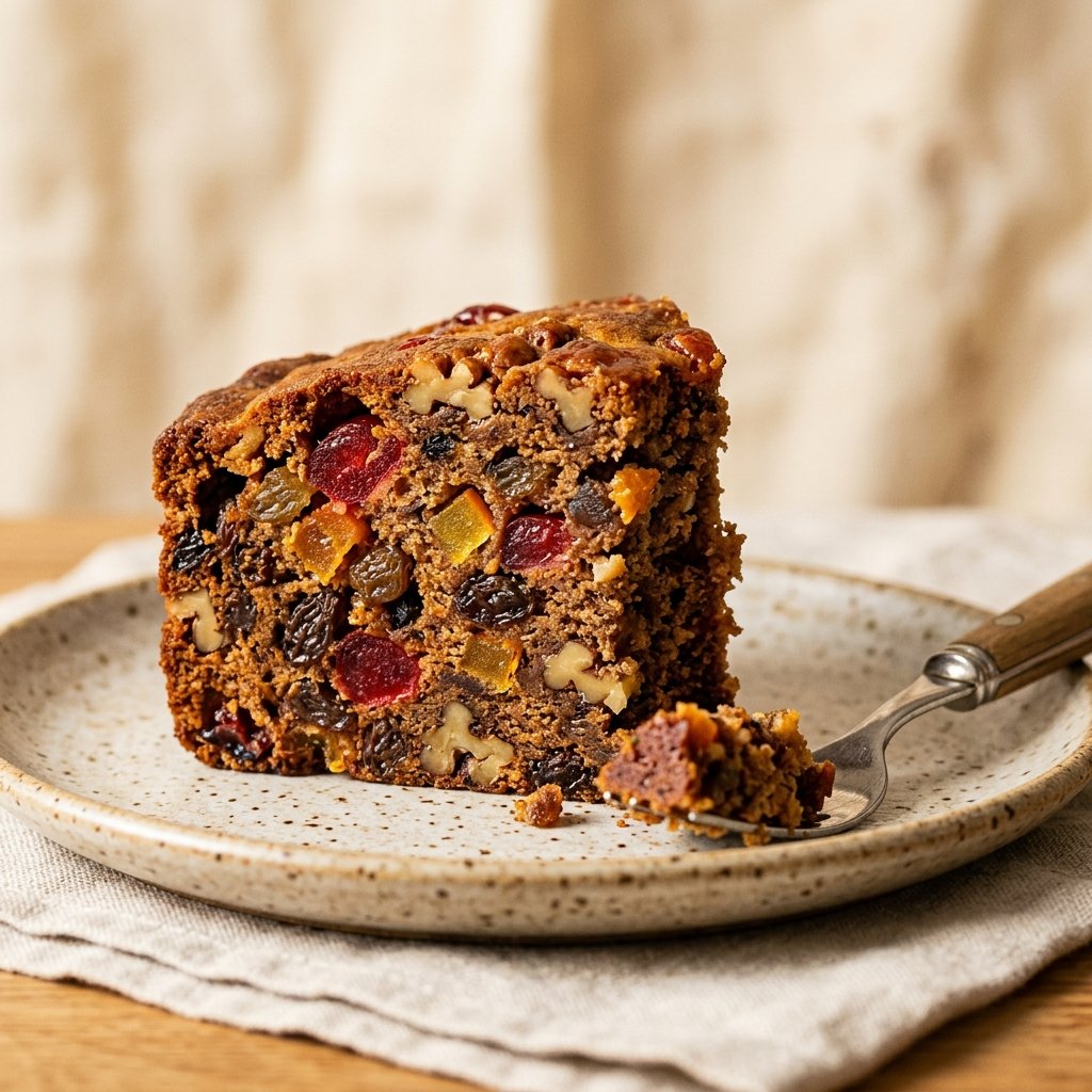 Artisan fruit cake slice with dried fruits and nuts.