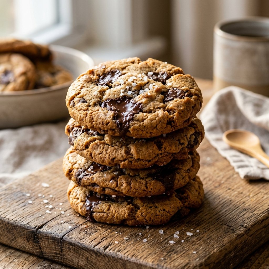 Stack of premium artisan cookies resting on a rustic wooden board.