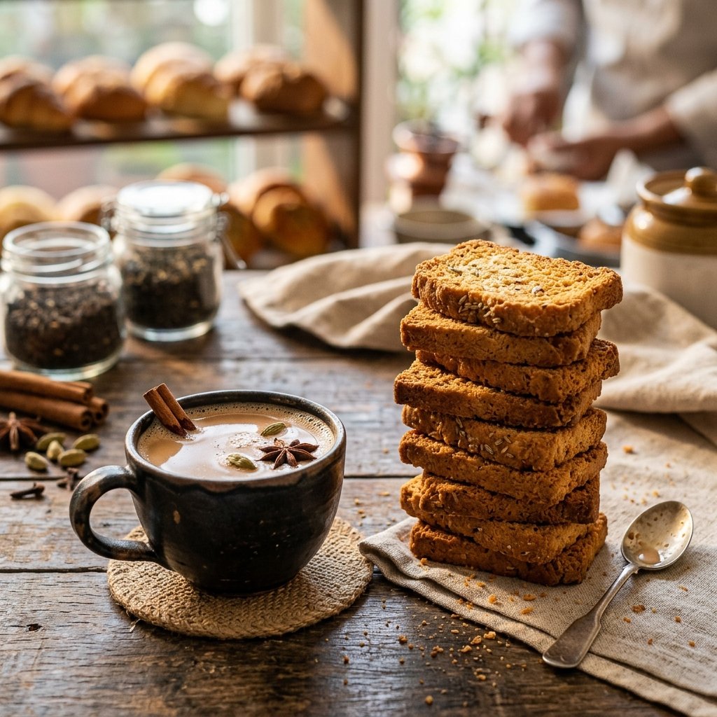 Golden-brown premium rusks stacked next to a cup of tea.