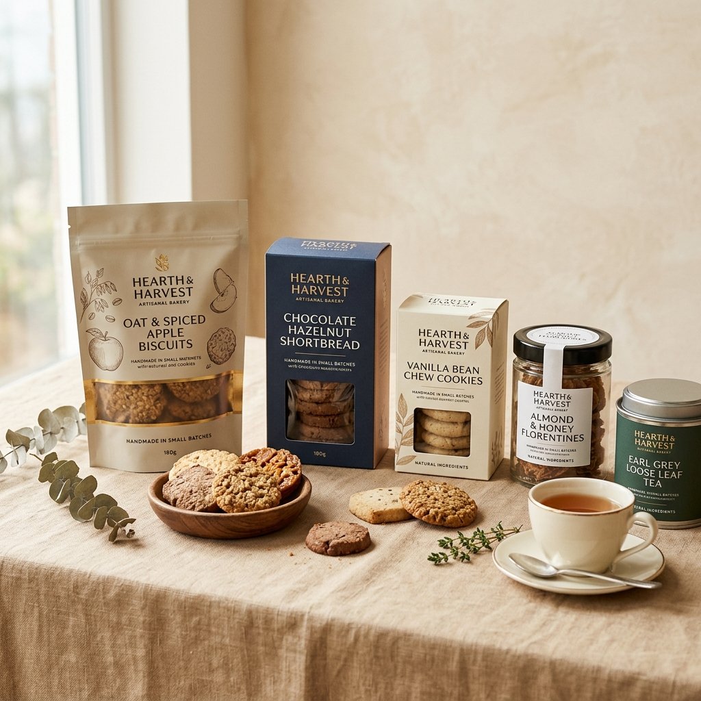 Premium packaged snacks arranged neatly.